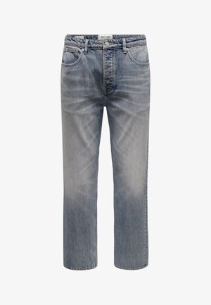 Jeans in denim blu chiaro con design a gamba dritta, caratterizzati da un classico stile a cinque tasche e una finitura chiara.