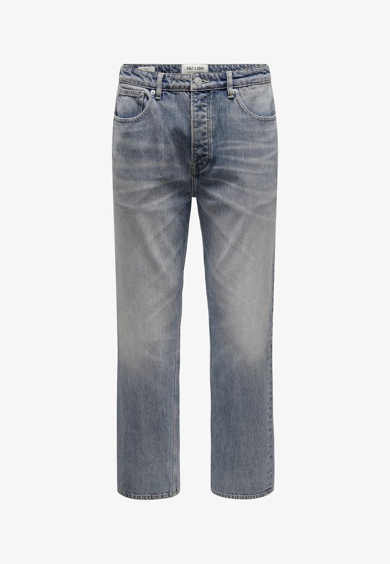 Jeans din denim de culoare albastru deschis, cu un design drept, având un stil clasic cu cinci buzunare și un finisaj de spălare deschisă.