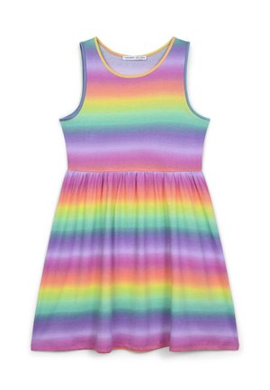 Abito di cotone senza maniche con una gradazione multicolore e righe orizzontali in viola, verde, giallo, arancione e rosa.