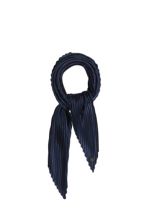 Navy blue pleated scarf with a shiny texture, looped with two pointed ends hanging down against a white background.