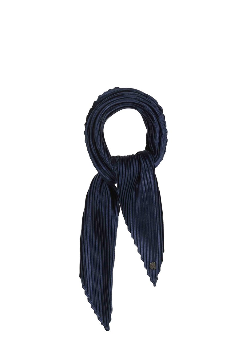 Écharpe plissée bleu marine avec une texture brillante, nouée avec deux extrémités pointues retombant sur un fond blanc.