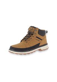 Braune und schwarze Kaporal Hochformat-Wanderschuhe mit beiger Sohle, Metallösen und gepolstertem Knöchelkragen, schräg links auf einem weißen Hintergrund.