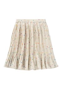 Falda plisada de tela crema con estampado de corazones multicolores. Cintura elástica, diseño fluido y largo medio.