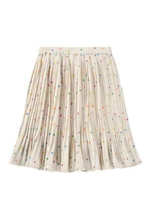 Faltenrock aus cremefarbenem Stoff mit mehrfarbigen Herzmustern. Elastischer Bund, luftiger Schnitt und mittellange Länge.