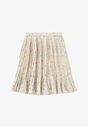 Fustă plisată din material crem, cu modele de inimioare multicolore. Talie elastică, design fluid și lungime medie.