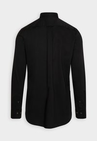 Black long-sleeve shirt with a standard collar, featuring a smooth texture and buttoned cuffs, viewed from the back. No patterns or accents.