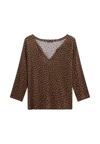 Brązowa bluzka z długim rękawem i dekoltem w serek, z czarnym wzorem w panterkę i miękką teksturą materiału.
