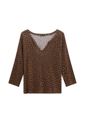 Top lungo marrone a maniche lunghe con scollatura a V, caratterizzato da un motivo a stampa leopardata nera e una texture di tessuto morbido.