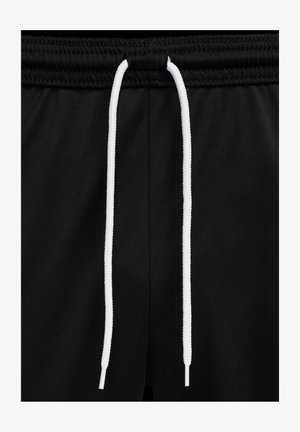 Black sports shorts with a textured fabric, featuring a white drawstring at the waist and elastic waistband for secure fit.