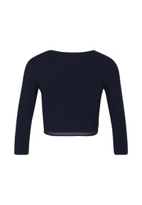 Zwarte cropped top met lange mouwen en een ronde hals, gezien van achteren op een effen witte achtergrond.