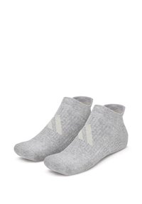 Gray ankle socks made of a soft, textured material, featuring three light gray diagonal stripes on each side.