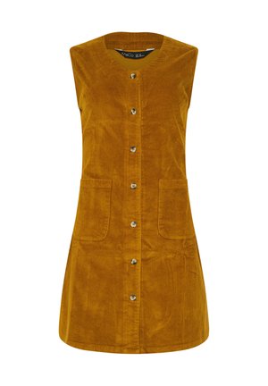 Ärmelloses Cordkleid in senfgelb, mit rundem Ausschnitt, Knopfverschluss auf der Vorderseite und zwei aufgesetzten Taschen. Textilstruktur.