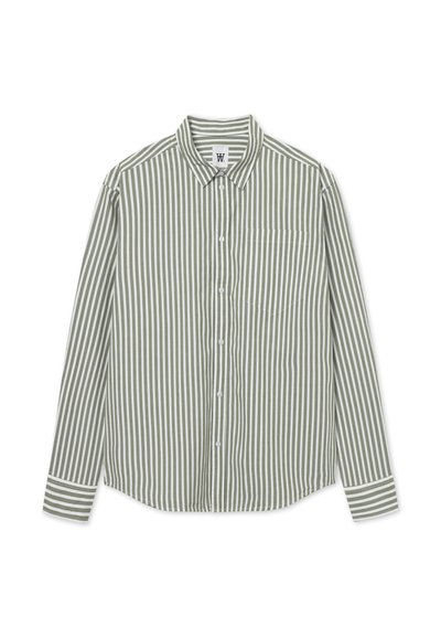 Long-sleeve button-up shirt with olive green and white vertical stripes and a front chest pocket.