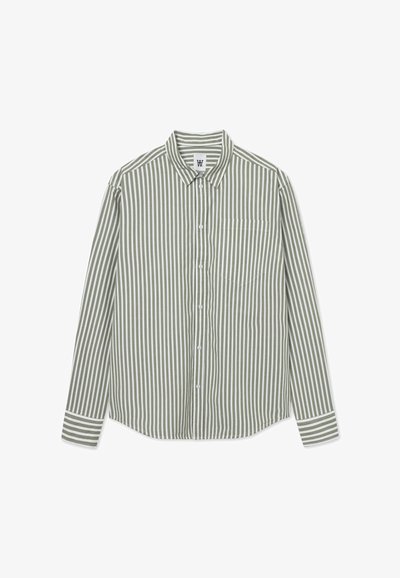 Long-sleeve button-up shirt with olive green and white vertical stripes and a front chest pocket.