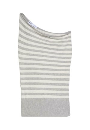 Sivo-bela vodoravno črtasta pletena krilo z širokim rebrastim robom in asimetričnim pasom.