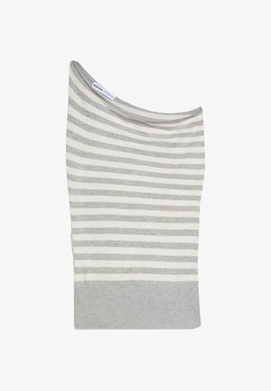 Sivá a biela horizontálne pruhovaná pletená sukňa so širokým rebrovaným lemom a asymetrickým pásom.