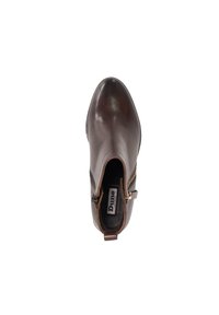 Brown leather ankle boot with a rounded toe, side zipper detail, and a textured finish. The insole features the brand name "Dune."