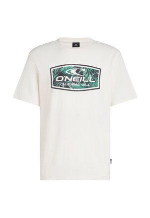 White cotton t-shirt with short sleeves, featuring a green and black O'Neill logo graphic on the front, rounded neckline, and relaxed fit.