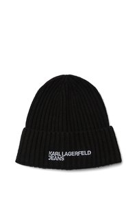 Melnā ribota beanie cepure, kas izgatavota no mīkstas adītas auduma. Iezīmēta ar salocītu aproci, uz kuras ir balta izšūta teksts "KARL LAGERFELD JEANS".