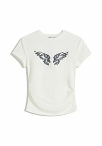 White short-sleeve t-shirt with black intricate wing graphic centered on the chest, crew neckline, and slight side ruching.