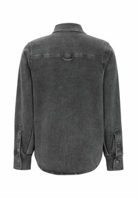 Grijze denim shirt met lange mouwen, een kraag, knoopmanchetten en een afgeronde zoom. Gelaagd stof met een vervaagde afwerking en een rugpasdetail.