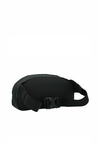 Borsa in vita nera realizzata in nylon morbido. Forma curva, strap regolabile e chiusura a fibbia resistente. Presenta una texture liscia e un design minimale.