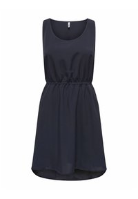 Robe sans manches bleu marine avec une coupe décontractée, taille élastique et ourlet asymétrique. Fabriquée en tissu léger et lisse.