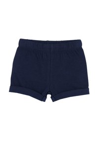 Shorts pour tout-petits bleu marine avec taille élastique et ourlets retroussés, présentés sur un fond blanc.