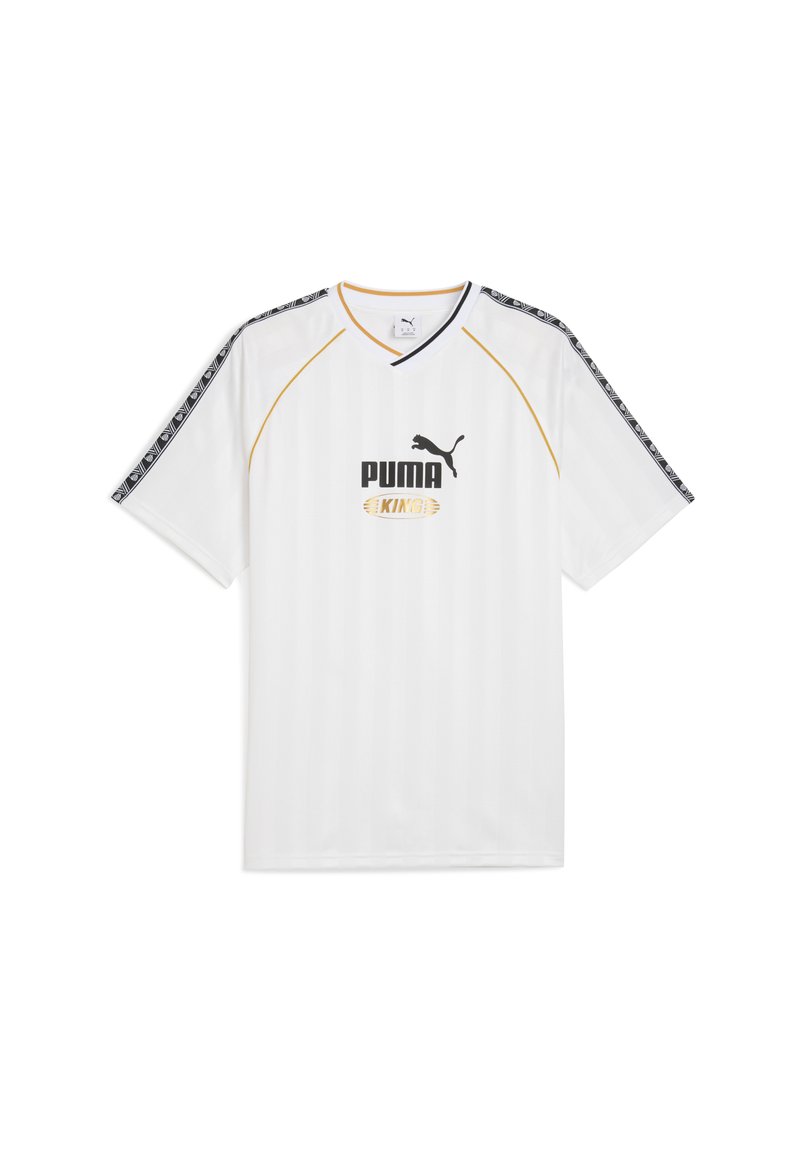 Hvid kortærmet trøje med sorte og gule detaljer, med v-hals, Puma-logo og lodrette striber på fronten og ærmerne.