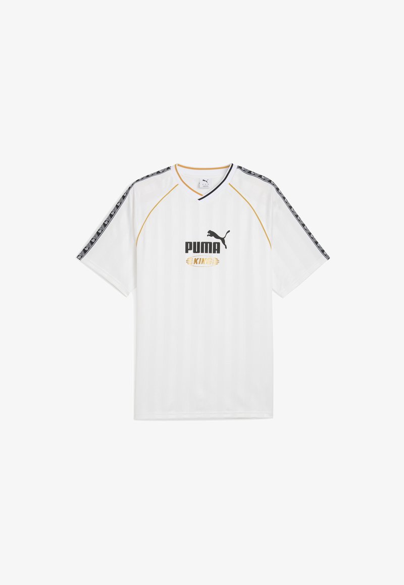 Hvid kortærmet trøje med sorte og gule detaljer, med v-hals, Puma-logo og lodrette striber på fronten og ærmerne.