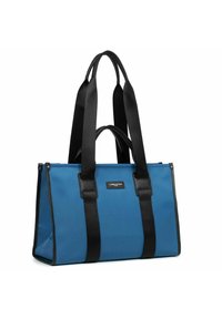 Borsa tote blu realizzata in tessuto liscio, con manici e bordi neri. Il design presenta una forma rettangolare con un accento del marchio.