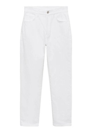White denim trousers with a straight leg cut, featuring front pockets, a zip and button closure, and belt loops at the waist.