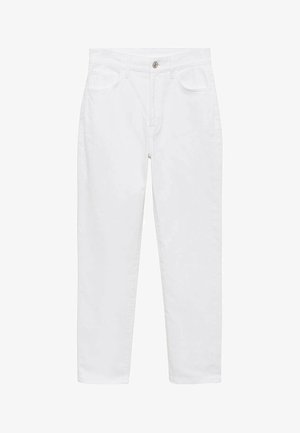 Pantaloni in denim bianco con taglio dritto, dotati di tasche frontali, chiusura con zip e bottone, e passanti per cintura in vita.
