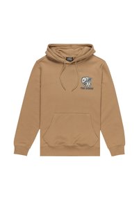 Brown hoodie with a kangaroo pocket, drawstring hood, and graphic of a dog wearing a cap. The design features the text "THE DOERS."
