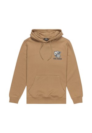 Brown hoodie with a kangaroo pocket, drawstring hood, and graphic of a dog wearing a cap. The design features the text "THE DOERS."