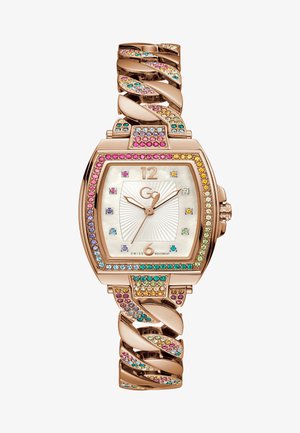 Orologio da polso in oro rosa con quadrante quadrato, accentato di gemme di diversi colori e un design di bracciale attorcigliato. Presenta un quadrante in madreperla.