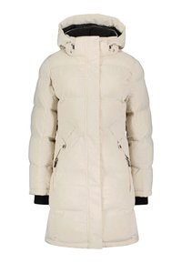 Beige dunjakke med hette, glidelås foran, sidelommer og kontrasterende svarte mansjetter. Glatt tekstur og quiltet design.