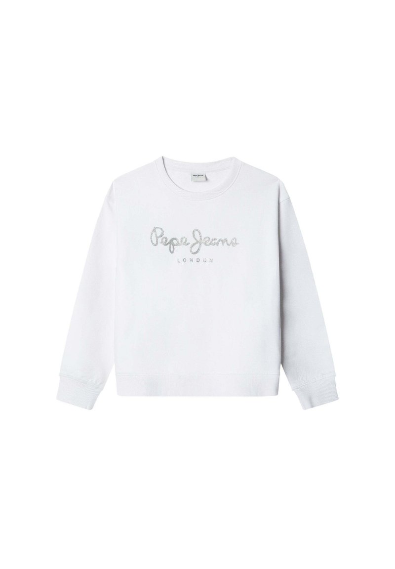 Biely sveter s nápisom "Pepe Jeans LONDON" v striebornom trblietavom prevedení na hrudi. Pravidelný manžetový lem a spodný kraj pridávajú textúru k dizajnu.