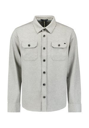 Lichtgrijze overhemdjas met lange mouwen, twee borstflappen met knopen en een puntige kraag.