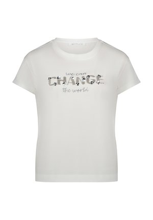 Wit katoenen T-shirt met korte mouwen en zilveren paillettentekst "we can CHANGE the world" op de voorkant, gladde textuur, ronde hals.