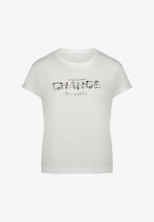 Weißes Baumwoll-T-Shirt mit kurzen Ärmeln und silbernem Pailletten-Schriftzug "we can CHANGE the world" auf der Vorderseite, glatte Textur, Rundhalsausschnitt.