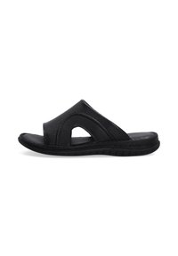 Sort læder slide sandal med åbent tådesign, buet forparti med udskæringer og en fleksibel gummisål med tekstureret sål.