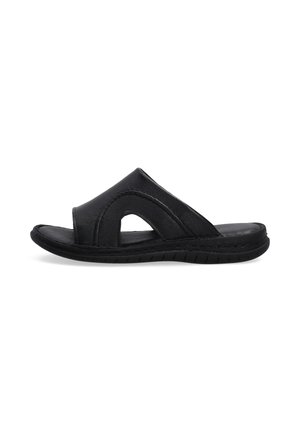 Black leather slide sandal featuring an open toe design, curved upper with cutouts, and a flexible rubber sole with textured tread.