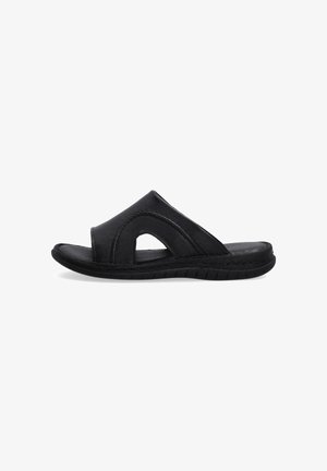 Sort læder slide sandal med åbent tådesign, buet forparti med udskæringer og en fleksibel gummisål med tekstureret sål.