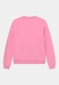 Felpa rosa con scollatura a girocollo, maniche lunghe e polsini a coste. Texture liscia e colore uniforme, senza pattern né accessori.