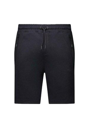 Zwarte shorts van een zachte stof, met een trekkoord in de taille, twee ritszakken opzij en een subtiel logo aan de voorkant.