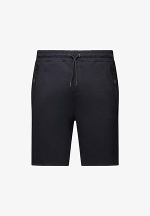 Zwarte shorts van een zachte stof, met een trekkoord in de taille, twee ritszakken opzij en een subtiel logo aan de voorkant.