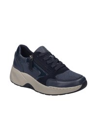 Dunkelblaue Sneakers aus einer Mischung aus glattem und strukturiertem Leder, mit einem Reißverschluss an der Seite, Schnürung an der Vorderseite und einer beige Gummisohle.