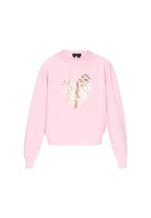 Růžová mikina s dlouhými rukávy, kulatým výstřihem a metalickým zlatým srdcem na přední straně. Měkká tkanina s uvolněným střihem.