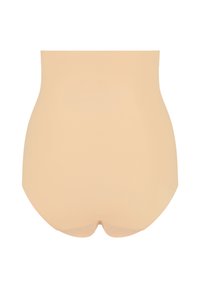 Shorts modellanti beige a vita alta realizzati in tessuto morbido con un design senza cuciture, caratterizzati da un orlo pulito nelle aperture delle gambe.